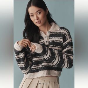 MAEVE ANTHROPOLOGIE Striped Polo Sweater in Black and White with Buttons